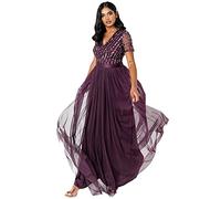 Maya Deluxe Damen Maxi Abendkleid Elegant Hochzeit V-ausschnitt Brautjungfernkleid Empiretaillierung Abschlussball Bridesmaid Dress, Berry, 52 EU