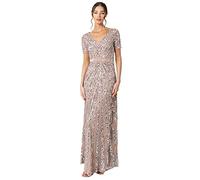 Maya Deluxe Damen Maxi Women's Embellished Sequin Long Short Sleeve V Neck High Empire Waist Cut Shiny Prom We Bridesmaid Dress, Taupe, 44 EU