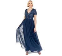 Maya Deluxe Damen-Maxikleid mit V-Ausschnitt, verziert, V-Ausschnitt, Kurze Ärmel, Empire-Taille, Abschlussball, Abschlussfeier, Brautjungfer, Hochzeitsgast, French Navy, Größe 6, French Navy, 32