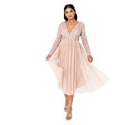 Maya Deluxe Damen Maya Deluxe Dames Wedding Guest Midi Jurk met lange mouwen en V-hals V-hals Brautjungfernkleid, Taupe Blush, 28 EU