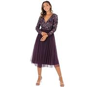 Maya Deluxe Damen Maya Deluxe Midi Elegant Wedding Sleeves Deep V Neck Sequins Cocktail Prom Bridesmaid Dress, Berry, 50 EU