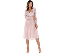 Maya Deluxe Damen Maya Deluxe Midi Elegant Wedding Sleeves Deep V Neck Sequins Cocktail Prom Bridesmaid Dress, Frosted Pink, 42 EU