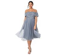 Maya Deluxe Damen Maya Deluxe Women's Bardot Dresses for Women Midi High Empire Waist Sequins Embellished Formal Eveni Bridesmaid Dress, Dusty Blue, 38 EU