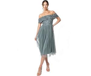 Maya Deluxe Damen Maya Deluxe Women's Bardot Dresses for Women Midi High Empire Waist Sequins Embellished Formal Eveni Bridesmaid Dress, Misty Green, 32 EU