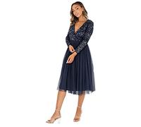 Maya Deluxe Damen Maya Faux Warp Front Versierd Midi Jurk Brautjungfernkleid, Navy, 56 EU