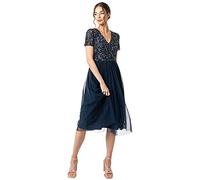 Maya Deluxe Damen Midi-Kleid mit V-Ausschnitt, Verziert Brautjungfernkleid, Navy, 36 EU
