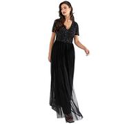 Maya Deluxe Damen Robe de Soirée Femme Maxi, à Manches Courtes, Taille Empire, Robe Demoiselle d'Honneur, Pour Bal, Mariages Brautjungfernkleid, Noir,