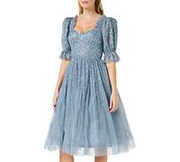 Maya Deluxe Damen Women's Dress for Women Midi Sequin Embellished Frilly Sweetheart Neckline Puffed Sleeves Weddin Kleid, Dusty Blue, 38 EU