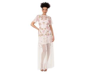Maya Deluxe Damen Women's Ladies Maxi Dress Round Neck Short Flutter Sleeve Sequin Embellished Mini Slip A-line Bridesmaid Wedding Guest Kleid, Ecru, 34