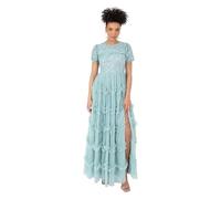 Maya Deluxe Damen Women's Ladies Maxi Dress Round Neck Short Puff Sleeve Sequin Embellished Ruffle A-line Bridesmaid Prom Ball Gown Kleid, Turquoise, 36