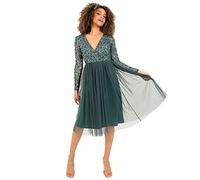 Maya Deluxe Damen Womens Ladies Wedding Guest Midi Dress Long Sleeve Plunging Neckline V Neck Sequin Embellished Graduation Brautjungfernkleid, Emerald Green, 18