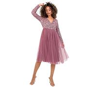 Maya Deluxe Damen Womens Ladies Wedding Guest Midi Dress Long Sleeve Plunging Neckline V Neck Sequin Embellished Graduation Brautjungfernkleid, Desert Rose, 26
