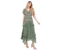 Maya Deluxe Damen Women's Midaxi Ladies Short Puff Sleeve V-Neck Sequin Embellished Ruffle Chiffon Handkerchief A-line Wedding Guest Dress, Deep Mint Green, 38 EU