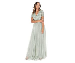 Maya Deluxe Damenkleid für Hochzeitsgäste, Übergröße, Empire, hohe Taille, Pailletten, kurze Ärmel, Abendkleid, Brautjungfer, grün, 32