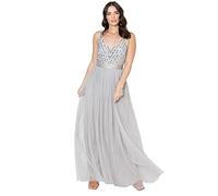 Maya Deluxe Maxi Abendkleid Damen Elegant für Hochzeit mit V-Ausschnitt Tüllkleid Damen mit Schleife Brautjungfernkleid