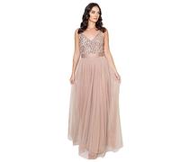 Maya Deluxe Maxi Abendkleid Damen Elegant für Hochzeit mit V-Ausschnitt Tüllkleid Damen mit Schleife Brautjungfernkleid