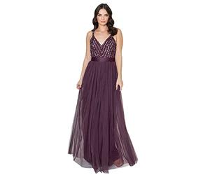 Maya Deluxe Maxi Abendkleid Damen Elegant für Hochzeit mit V-Ausschnitt Tüllkleid Damen mit Schleife Brautjungfernkleid