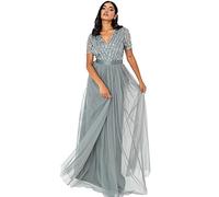 Maya Deluxe Maxikleid für Damen, Brautjungfer, V-Ausschnitt, Ballkleid, kurze Ärmel, lang, elegant, Empire-Taille, Hochzeit, Grün (Misty Green), 32