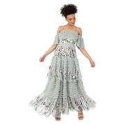 Maya Deluxe Women's Ladies Maxi Dress Off-the-Shoulder Bardot Spaghetti Strap Floral Embroidered Tiered Ruffle Tulle Wedding Guest Salbeigrün 38