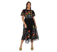 Maya Deluxe Women's Ladies Midi Dress Schwarz Short Puff Sleeves Round Neck Floral Embroidered Open Back Tie A-line Occasion Evening Schwarz 46