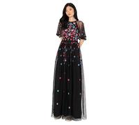 Maya Deluxe Women's Maxi Dress Ladies Ball Gown for Wedding Guest Short Sleeve Polka Dot Floral Sequin Embellished Prom Occasion, Black, 38