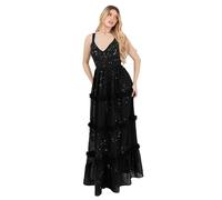 Maya Deluxe Women's Maxi Dress Ladies Sleeveless V-Neck Sequin Embellished Floral Ruffle Chiffon A-line Open Back Tie Prom Ball Gown, Schwarz 38