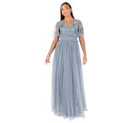 Maya Deluxe Women's Maxi Dress Ladies V-Neck Angel Sleeve Floral Embellished Tulle Shirred Waistline A-line Wedding Guest Bridesmaid, Staubblau 38
