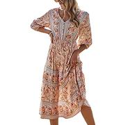 Mayber Damen Boho Blumendruck Maxikleid mit Ärmeln Freizeit Flowy Bohemian Strandkleider Sommer Hohe Taille Lose Langes Kleider (A-Aprikose, M)