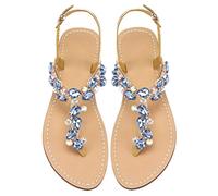 Mayou Women's Rhinestone Flat Sandals, Women Flip Flops with Beadeed Rhinestone Crystal Jeweled Sandal Shoes for Summer Beach Oceanside Holiday Outdoor (9 M US, Blue, 9)