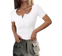 Mcnlyce T Shirt Damen Sommer Basic Henley Shirt Rippshirt Eng Kurzarm Gerippt Locker Sexy Tshirt Oberteil Elegant Weiss L