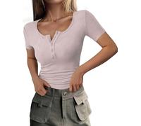 Mcnlyce T Shirt Damen Sommer Oberteile Kurzarm T-Shirt Enge mit U Ausschnitt Elegant RIPP Sexy Baumwolle Kurz Rippshirt Nostalgia Rose M