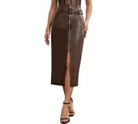 MD FootThera Damen Midi-Lederrock mit Reißverschluss, hohe Taille, geteilter Lederrock, Braun, X-Groß
