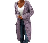 MDKWW Langer Damen-Cardigan 2024, übergroßer Mantel, lange Ärmel, offene Vorderseite, Zopfstrick-Cardigan mit Taschen, Violett, M