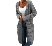 MDKWW Langer Damen-Cardigan 2024, übergroßer Mantel, lange Ärmel, offene Vorderseite, Zopfstrick-Cardigan mit Taschen, Dunkel_Grau, M