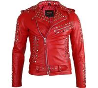 MDM Herren Biker Lederjacke mit Nieten Verzierung, Rot, Rindsleder (Gr. L)