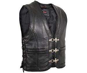 MDM Herren Lederweste Doppelte Kordeln als Umrandung, Schwarz, Schnallen Verschluss (Gr. L)