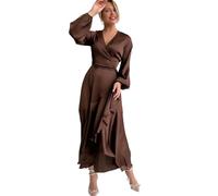 MdybF Satinkleid Damen Kleider Für Frauen Satin Laternenhülle Kleid Schnürung Midi High Taille Kleid-Braun-L