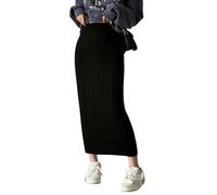 MdybF Strickrock Damen Frauen Herbst Winter Strickröcke Schlanker Langer Rock Casual High Waisted Rock-Schwarz-L