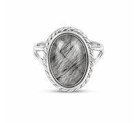 Meadows 925 Sterling Silber Schwarzer Rutil Ring Ovaler Edelsteinring Handgefertigter minimalistischer Schmuck Geschenk für Damen R-1879AK_59 (18.8)