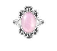 Meadows Ring aus 925er Sterlingsilber mit ovalem Rosenquarz-Edelstein, filigranes Solitär-Design, Boho-Schmuckgeschenk R-15AH_66 (21.0)