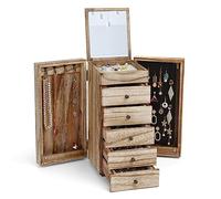 Meangood Schmuckkästchen aus Holz für Damen, 6-lagig, große Organizer-Box mit Spiegel und 5 Schubladen für Ringe, Ohrringe, Halsketten, Vintage-Stil, karbonisiert, Schwarz