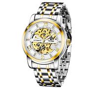 Mechanische Herrenuhr Edelstahl Skelett Automatikuhr Wasserdicht Business Uhren für Männer Goldweiß.