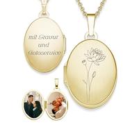 Medaillon Gold oval mit Geburtsblume Seerose Geburtsmonat Juli | Foto Amulett Anhänger antik vintage | personalisierte Halskette Damen