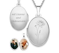 Medaillon Silber 925 oval mit Geburtsblume Seerose Geburtsmonat Juli | Foto Amulett Anhänger antik vintage | personalisierte Halskette Damen