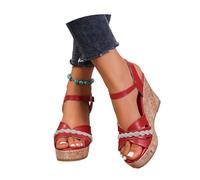 MEECHI 10cm Keilabsatz Sandalen Für Damen Glänzend Sandaletten Mit Strass PU-Leder Große Größe Sandals Sommer Peep Toe Pumps Mit Knöchelriemen,Elegante High Heels Für Büro, Party, Hochzeit(Red,37 EU)