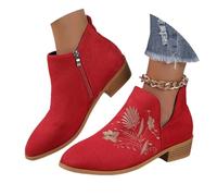 MEECHI 2024 Neu Kurze Stiefel Mit Blumenstickerei Damen Chelsea Stiefeletten Mit Blockabsatz Vintage Wildleder Ankle Boots Herbst Winter Worker Booties Freizeit Knöchel Schuhe(Red,39 EU)