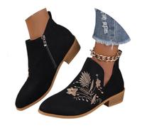 MEECHI 2024 Neu Kurze Stiefel Mit Blumenstickerei Damen Chelsea Stiefeletten Mit Blockabsatz Vintage Wildleder Ankle Boots Herbst Winter Worker Booties Freizeit Knöchel Schuhe(Black,37 EU)