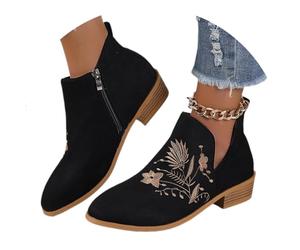 MEECHI 2024 Neu Kurze Stiefel Mit Blumenstickerei Damen Chelsea Stiefeletten Mit Blockabsatz Vintage Wildleder Ankle Boots Herbst Winter Worker Booties Freizeit Knöchel Schuhe(Black,37 EU)