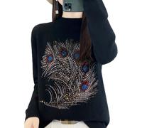 MEECHI 2024 Neu Wolle Pullover Mit Feder-Strasssteine Damen Herbst Winter Warm Kaschmir Sweater Langarm Rundhals Strickpullover Freizeit Kurz Strickpulli Für Outdoor(Black,XL)