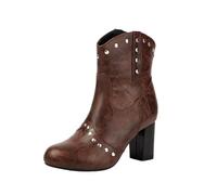 MEECHI 2025 Neu Stiefeletten Mit Niet Damen Große Größe Ankle Boots 7cm High Heels PU-Leder Kurz Stiefel Round Toe Booties Mit Blockabsatz Retro Slip-on Knöchel Schuhe Für Party(Brown,41 EU)